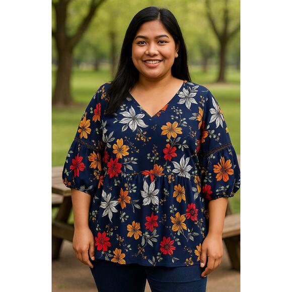 BloomChic Navy Floral Tunic Top Plus Size 26 3/4 Sleeve Boho Blouse - Picture 1 of 7